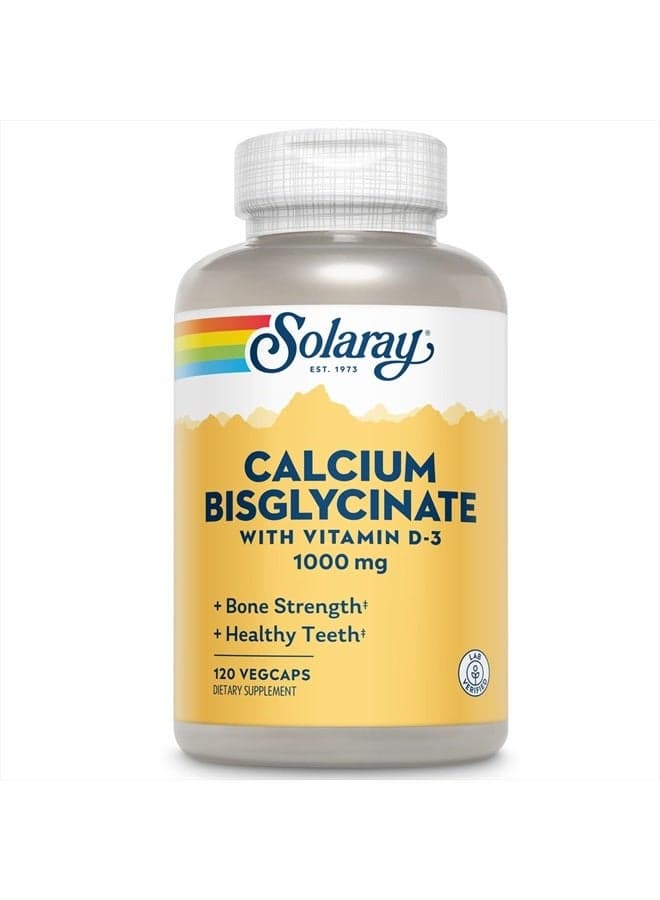 Solaray Calcium Bisglycinate 1000mg with Vitamin D-3, Chelated Calcium Supplement for Bone Strength and Healthy Teeth Support, Enhanced Absorption and Easy to Digest, 30 Servings, 120 VegCaps