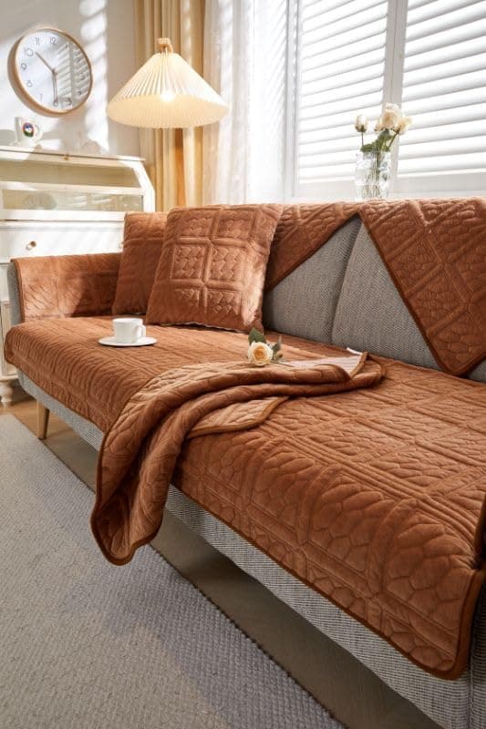 HOMETHREADS Innovative Premium Velvet Sofa Cover Mat with PVC Backing for Non-Slip Comfort | Pack of 1 (Brown_Stone, 3 Seater | 70x180cm)
