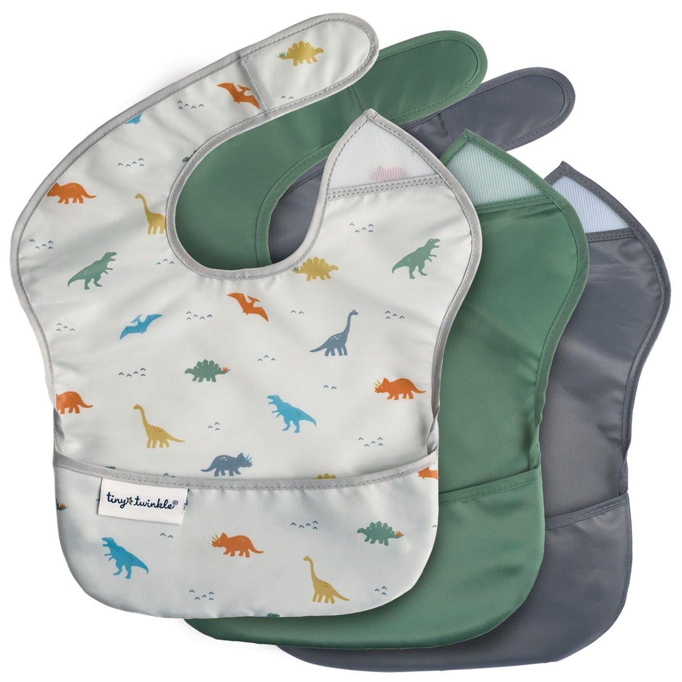 Tiny Twinkle Mess Proof Baby Bibs for Eating Waterproof Wipeable Bibs Toddler Bib Travel Friendly PFAS PVC BPA Phthalate Free Baby Food Bib 3 PackDinosaur