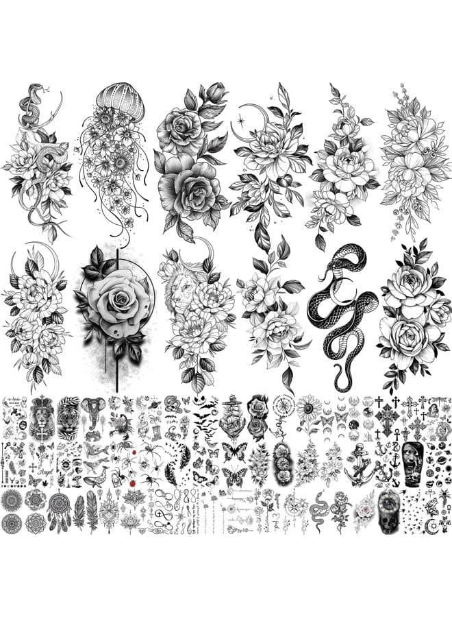 64 Sheets Long Lasting Flower Temporary Fake Tattoos For Women Arm Neck, Jellyfish Sunflower Moon Rose For Adults Girl, 3D Temp Realistic Snake Tatoo Stickers Serpent Peony Floral Kids