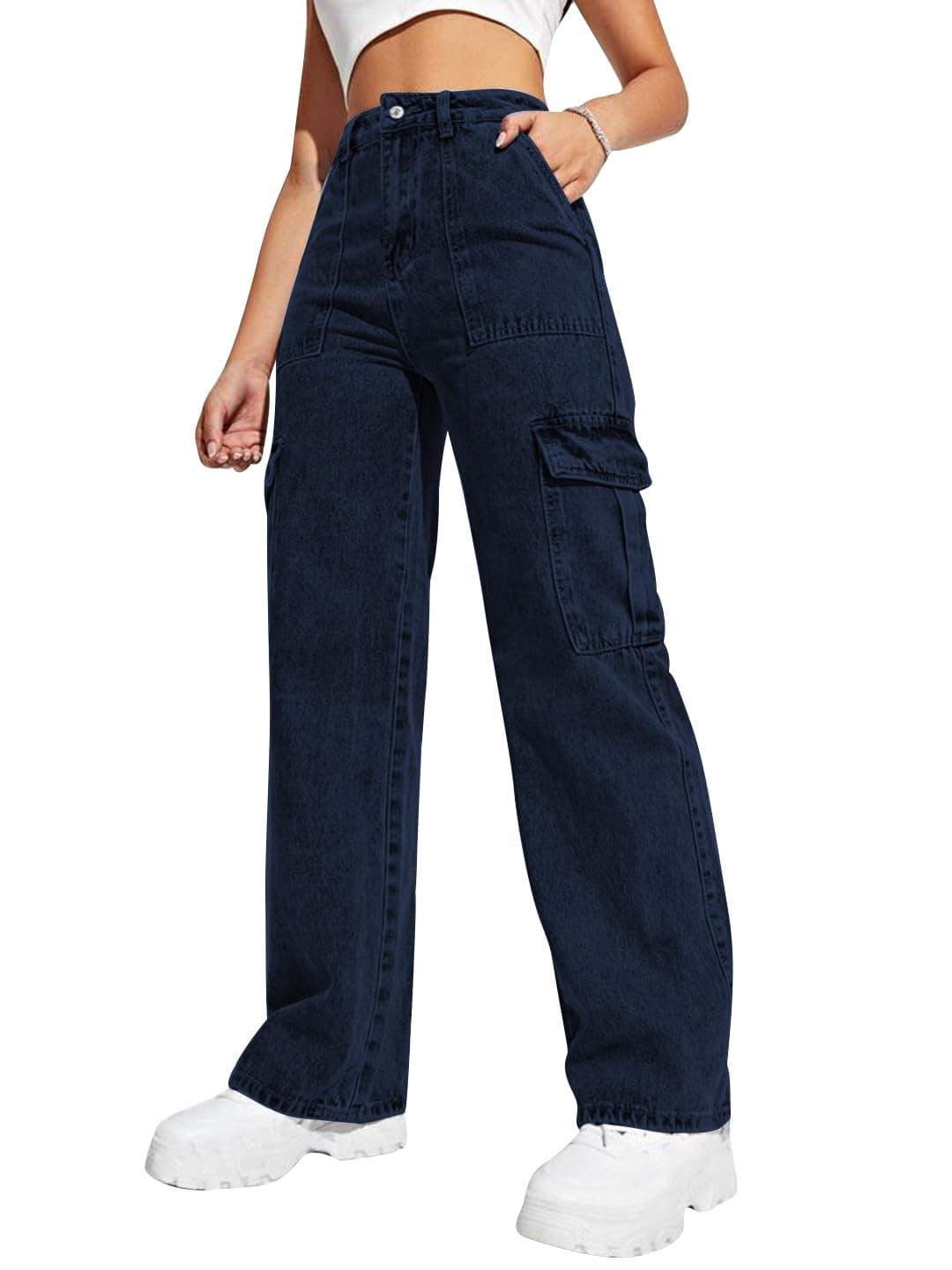 CHKOKKO Women High Rise Denim Solid Regular Fit Jeans Navy 30