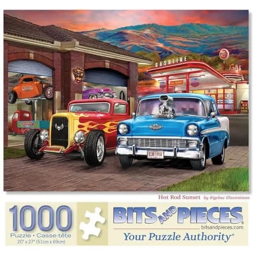 Bits and Pieces 1000 Piece Puzzles for Adults Large 20 x 27 Jigsaw Puzzles 1000 Pieces Classic Cars Hot Rods Random Die Cut No 2 Pieces Alike Hot Rod Sunset