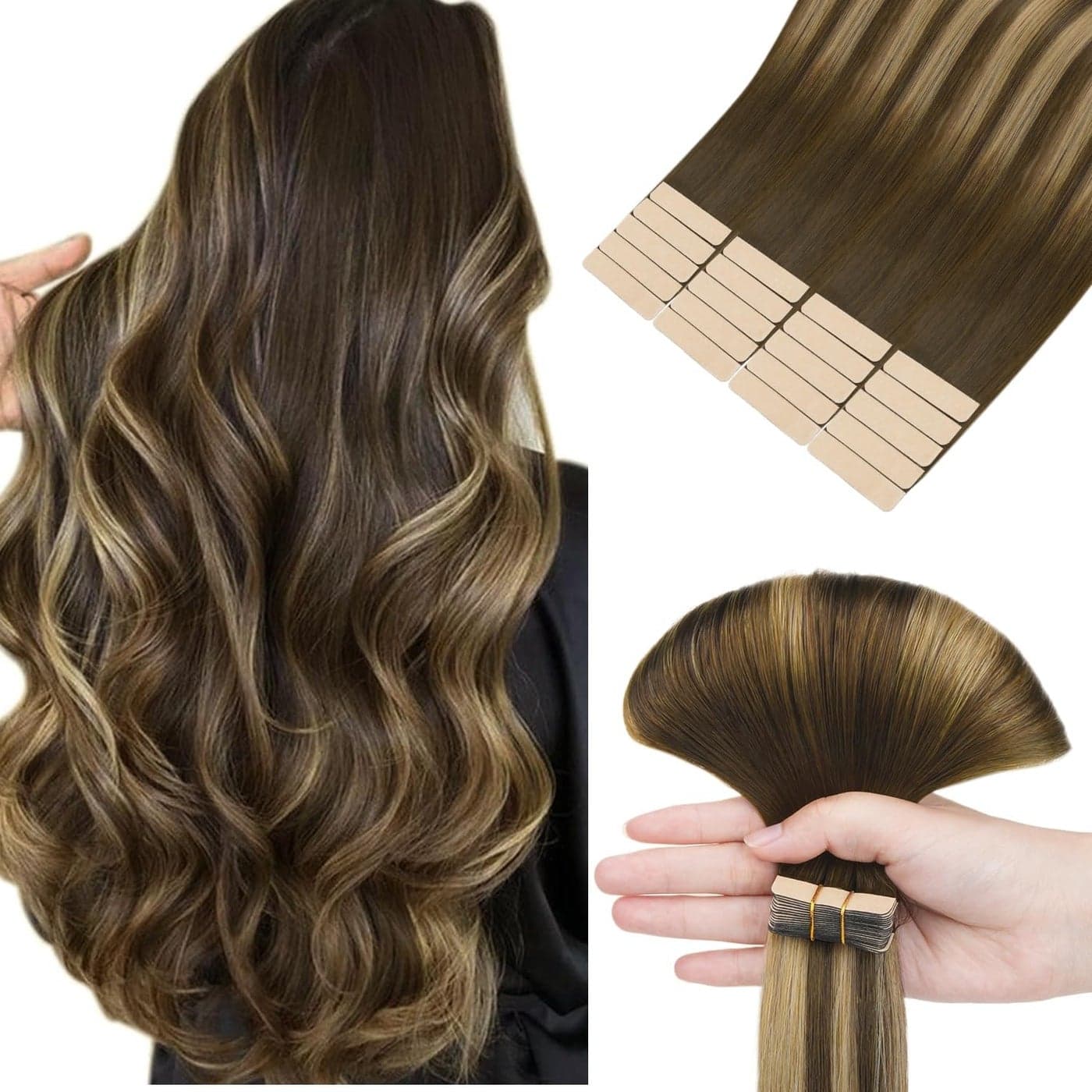 hotbanana Tape in Hair Extensions 14 Inch Human Hair 20pcs 50g Chocolate Brown Mixed Caramel Blonde Balayage Tape Hair Extensions Straight Remy Human Hair Tape in Extensions