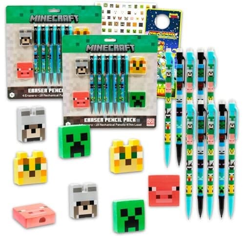 Minecraft Mechanical Pencils and Erasers Party Favors Bulk 20 Pencils and 8 Erasers for Goodie Bags Loot Bags Classroom Prizes Plus More Minecraft Party Supplies Kids Boys Girls