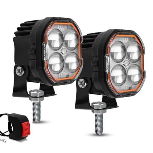 FABTEC 4 Led Mini Drive Fog Light Projector Light with White/Yellow + Flasher Led DRL Pods Light wtih Devil Red Eye for Cars, Bikes, Scooty, Metal Body, Set of 2 Pcs