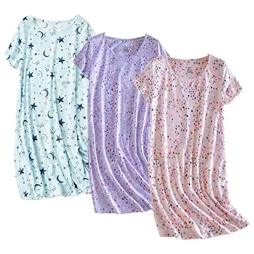 PNAEONG 3 Pack Women's Cotton Nightgown Sleepwear Short Sleeves Shirt Casual Print Sleepdress SY003-Star+Purple+Pink-2XL