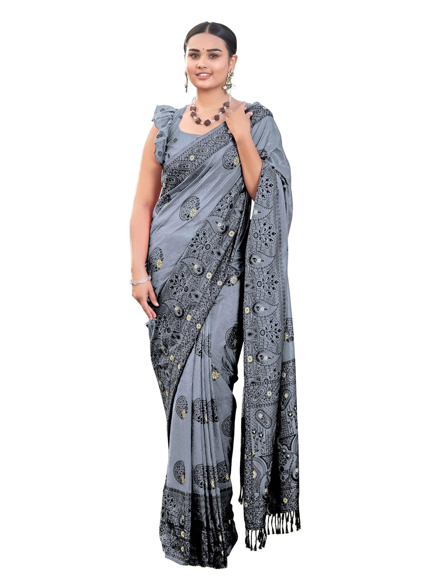 MANOHARI Women's Most Trendy Banarasi Woven Grey Saree With Heavy Jacquard Work Saree With Blouse Piece