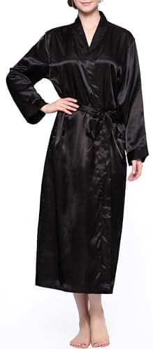 Lavenderi Women's Long Classic Satin Kimono Lounge Bathrobe Robe (XX-Large, Black)