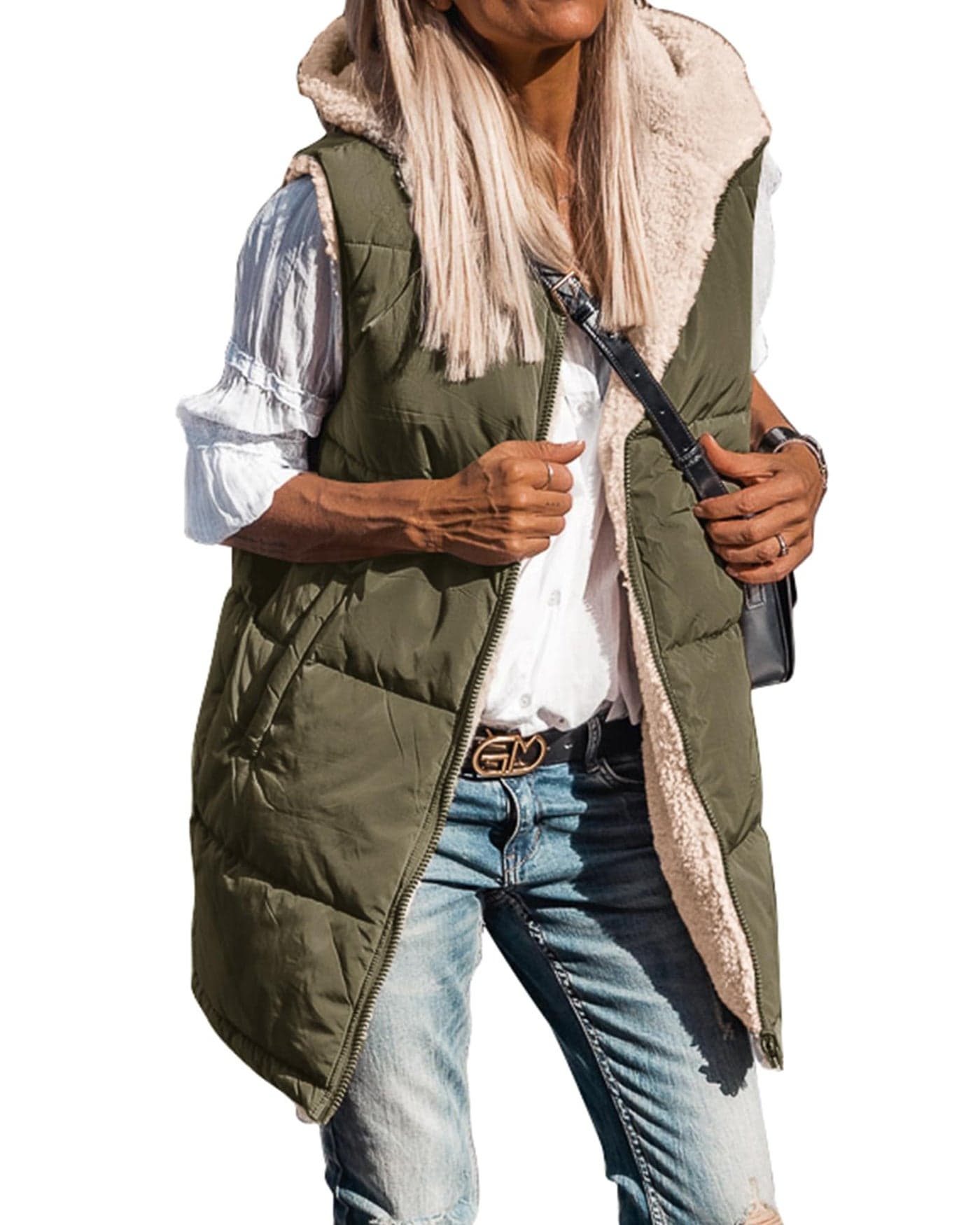 BTFBM Fall Long Puffer Vest Women Sleeveless Hooded Reversible Fleece Sherpa Jacket Zip Up Winter Coat Outerwear VestsArmy Green Small