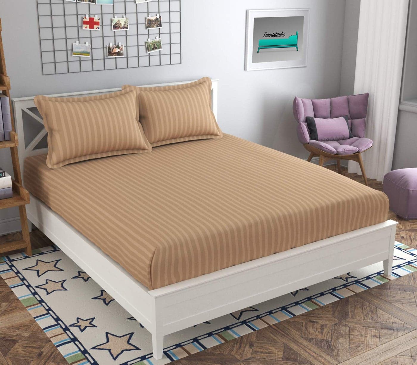 Furnistitchs Premium Double Bed Elastic Fitted Bedsheets with 2 Pillow Covers, All Around Elastic Bed Sheet (King Size 72"x78", Beige)