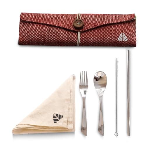 Rusabl Stainless Steel Cutlery Set (Pack of 5, Red) Reusable Travel Pack for Daily Use, Gifting and Travelling (Spoon, Fork, Steel Straw, Cleaning Brush, Napkin and Jute Pouch)