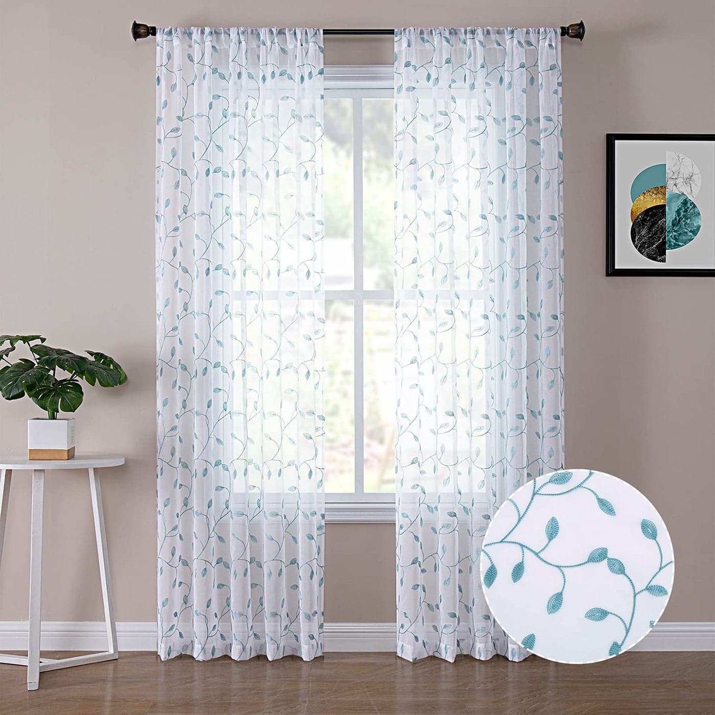 Tollpiz Leaves Sheer Curtains Teal Blue Leaf Embroidery Living Room Curtain Rod Pocket Voile Faux Linen Embroidered Leaves Curtains for Bedroom 54 x 72 inches Long Set of 2 Panels
