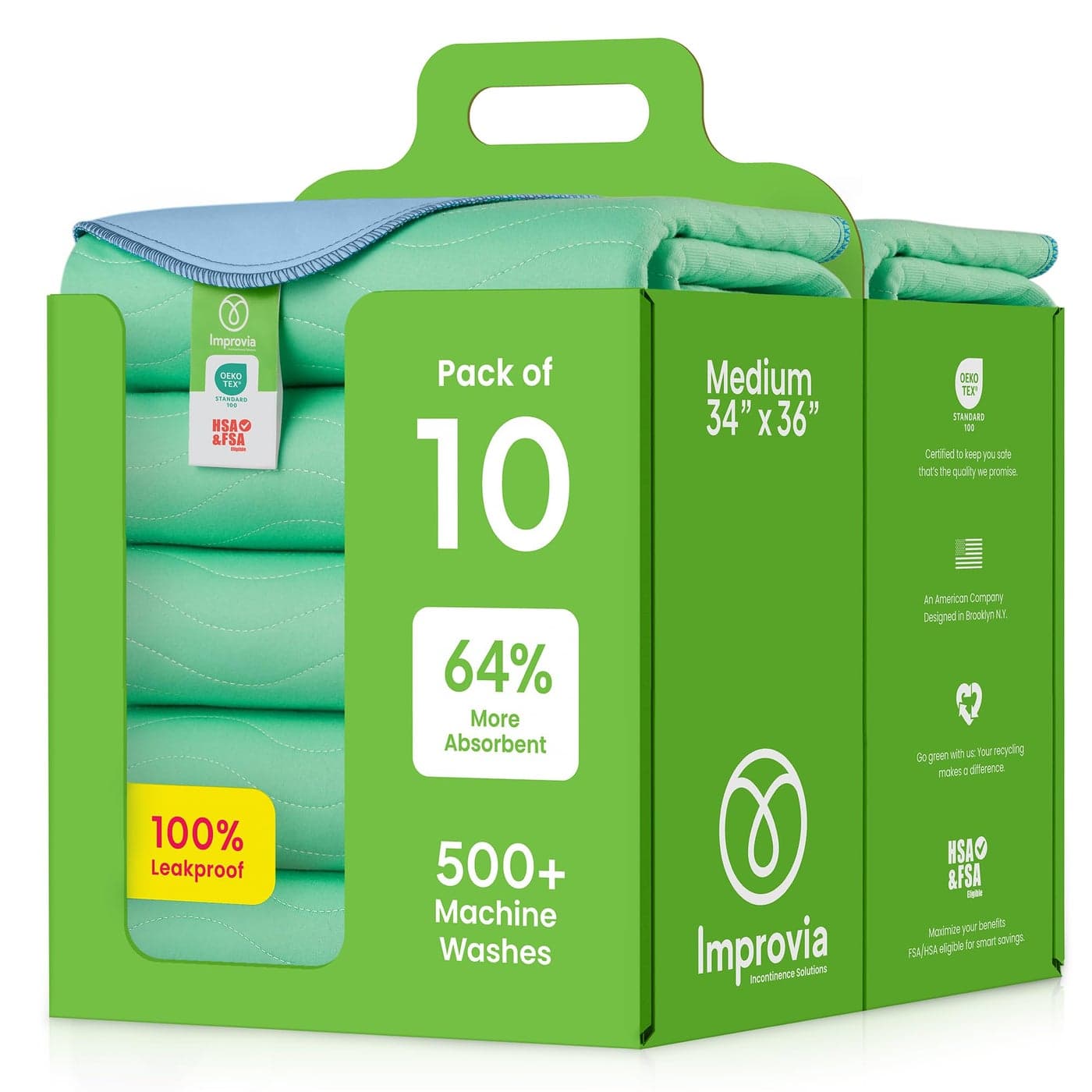 IMPROVIA Washable Underpads 34 x 36 Pack of 10 Heavy Absorbency Reusable Bedwetting Incontinence Pads for Kids Adults Elderly and Pets Waterproof Protective Pad for Bed Couch Sofa Floor