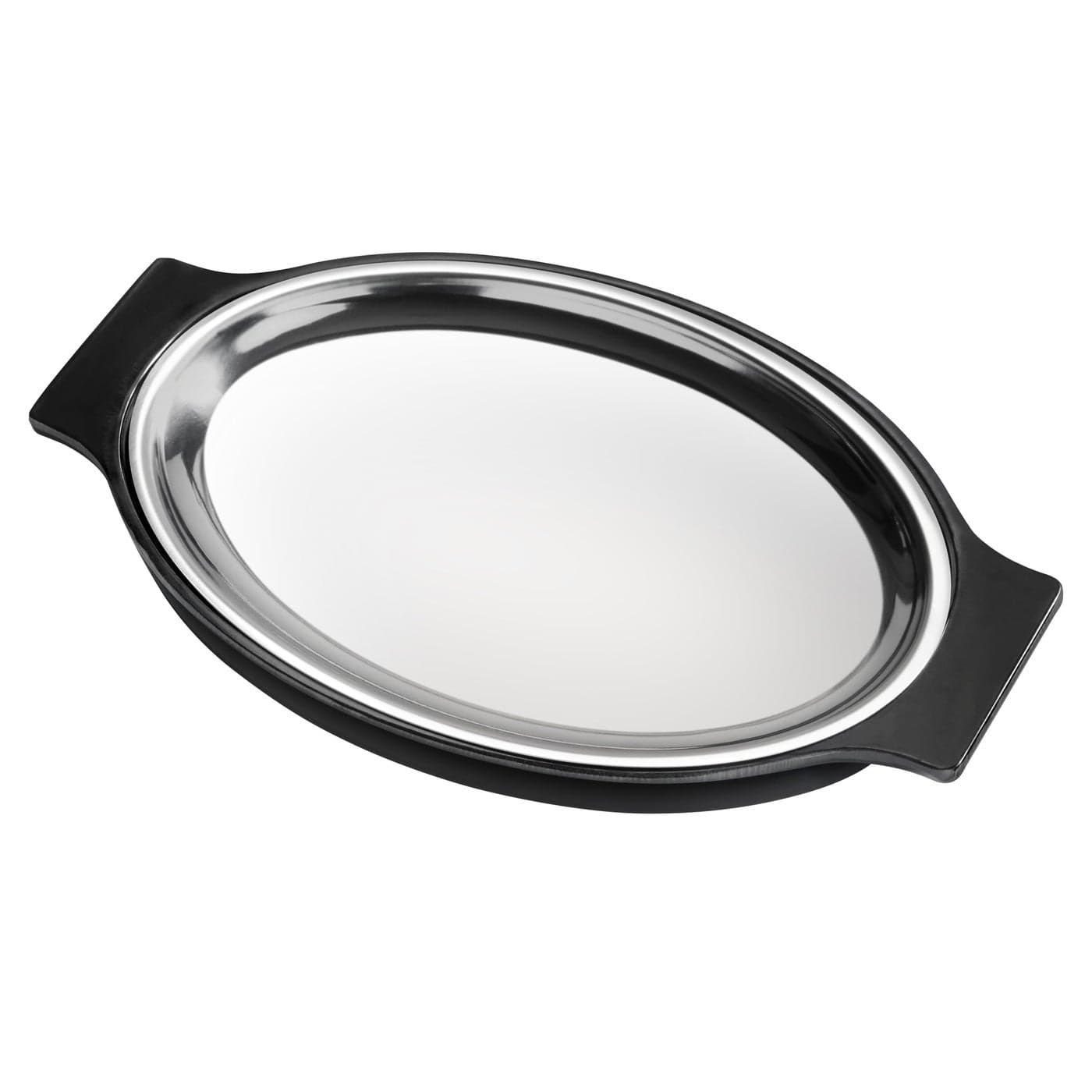 New Star Foodservice 26733 Oval Stainless Steel Sizzling Platter with Insulated Holder 1163 x 8 Black