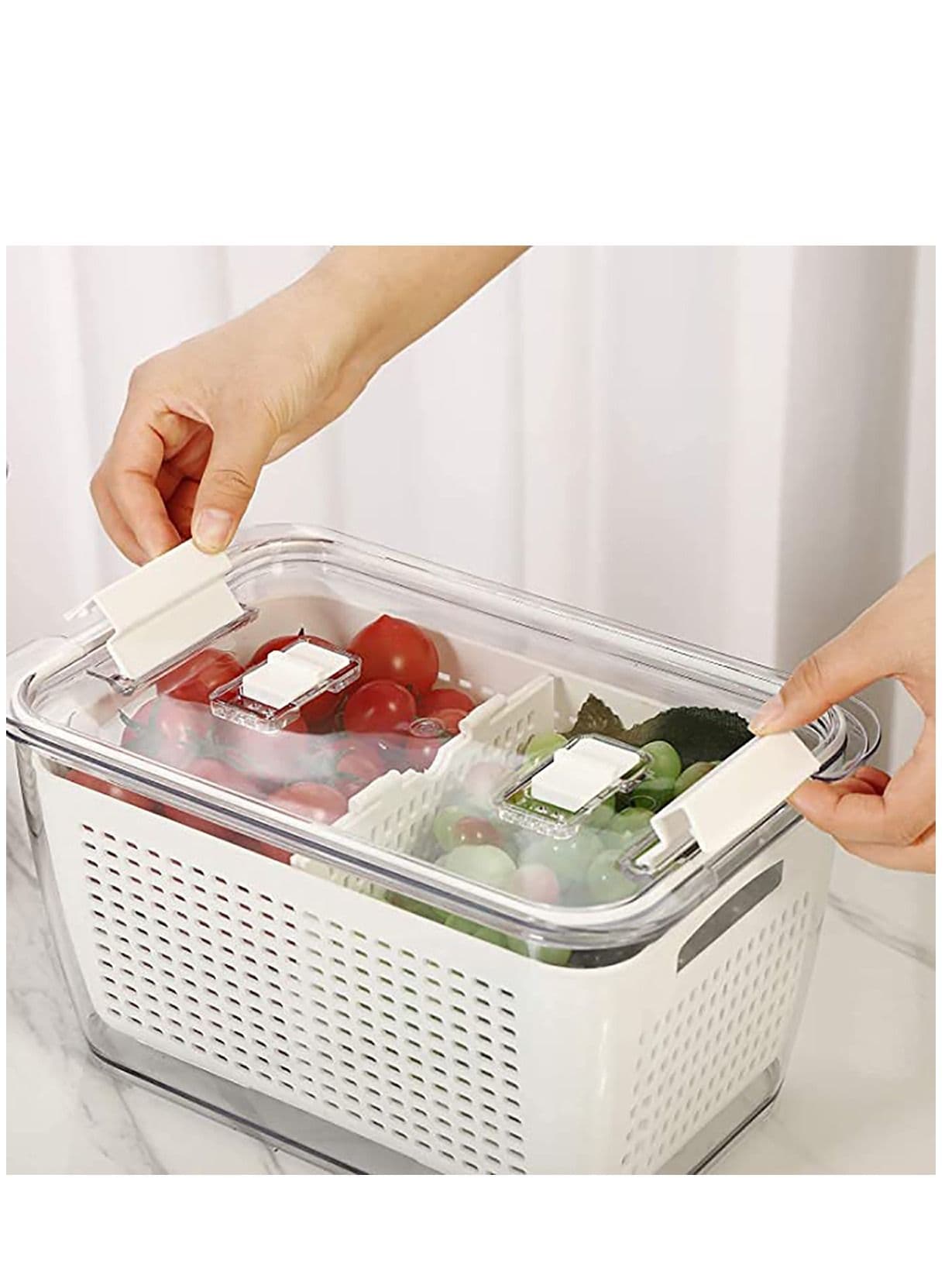 Fridge Organizers and Storage, Medium 3-in-1 Draining Crisper with Strainer for Fruits Vegetables Airtight Vent Drain Organizer White