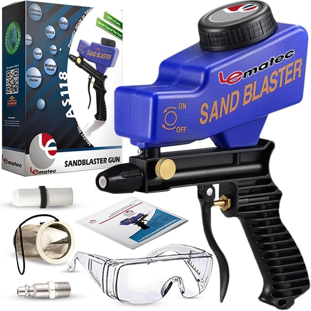 LE LEMATEC Sand Blaster Gun Kit for Air Compressor, Portable Abrasive Media Blaster for Cleaning, Paint & Rust Removal, Works with Aluminum, Sand, Walnut, & Soda, Ideal for Metal & Wood, AS118 Blue