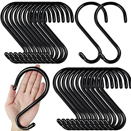 DINGEE 24 Pack Heavy Duty S Hooks, Non Slip Rubber Coated, 7mm Thick Metal Black S Hooks for Hanging Plants, Closet, Bird Feeders, Kitchen, Large Objects, Tools, Bikes