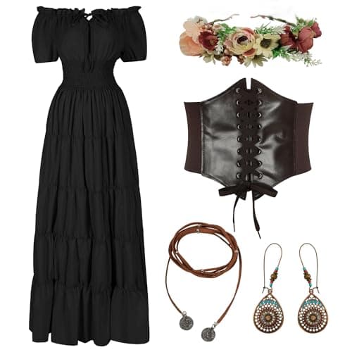 HSDOU 5 Pcs Renaissance Medieval Costume Dress Women Fairy Dress Peasant Cottagecore Dress 1700s Victorian Fantasy Fairy Costume(Z3768BK,XL)