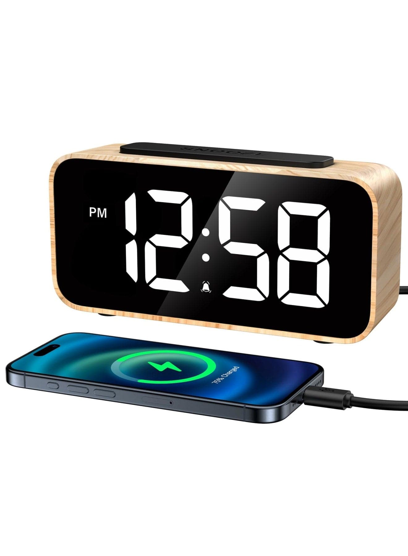 Digital Alarm Clock for Bedrooms, Wood Grain Dual Alarm, With Dual Alarm, Snooze, 12/24Hr, Power-Off Memory, Adjustable Alarm Volume, & 0-100% Brightness Dimmer Function, Small Desk Clock for Bedside