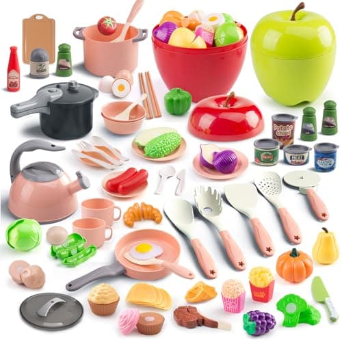 100Pcs Kitchen Playset Kids Pretend Cooking Play Pots Pans Utensils Cookware Toy Food Fruits Veggies with 2 Large Apple Shaped Storage Toddler Cooking Learning GiftPink