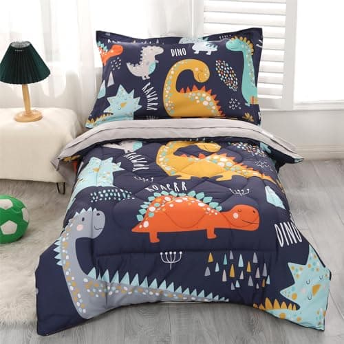 Wowelife Toddler Bedding Sets for Boys Premium 4 Piece Dinosaur Toddler Comforter Set Blue Grey Bed Set, Super Soft and Comfortable for Toddler(Dark Blue)