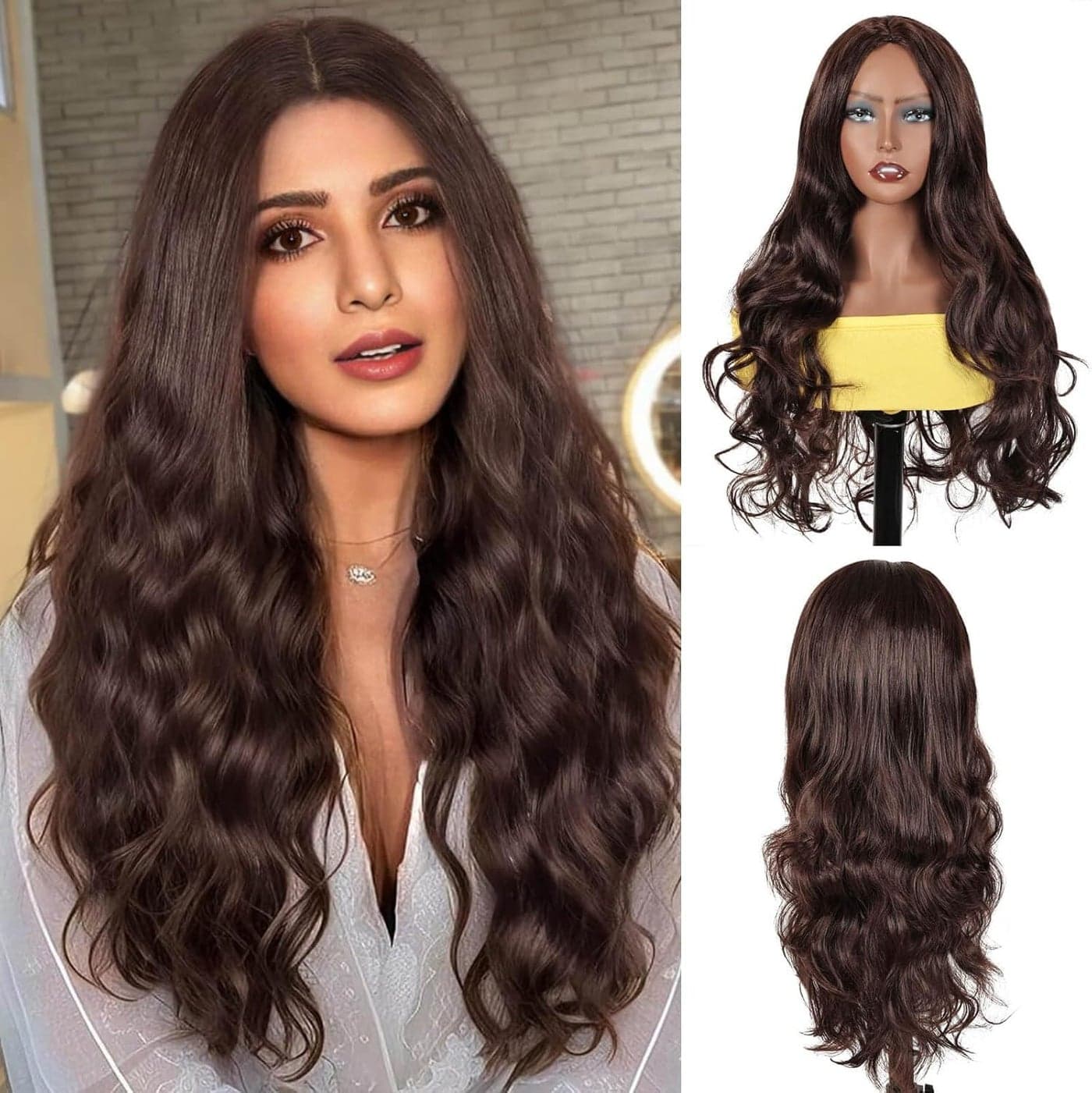Creamily Full Head Hair WigsBrown Long Hair Wigs For WomenNatural Looking Curly Hair Wig With Middle Part Synthetic Wigs For Daily Use Hair Week For Women Ladies Hair Wig 24Inch Brown
