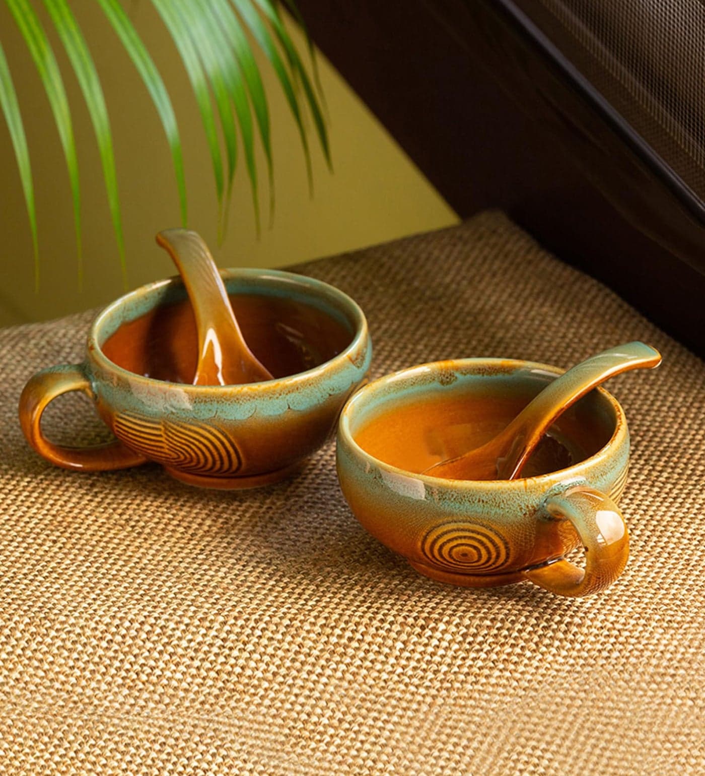 ExclusiveLane 'Peacock Boulevard' Ceramic Soup Bowl with Spoon Set of 2 (320 ML, Dishwasher & Microwave Safe Bowls) | Modern Ceramic Soup Bowl with Handle Soup Bowls Set of 2 Soup Bowls Set