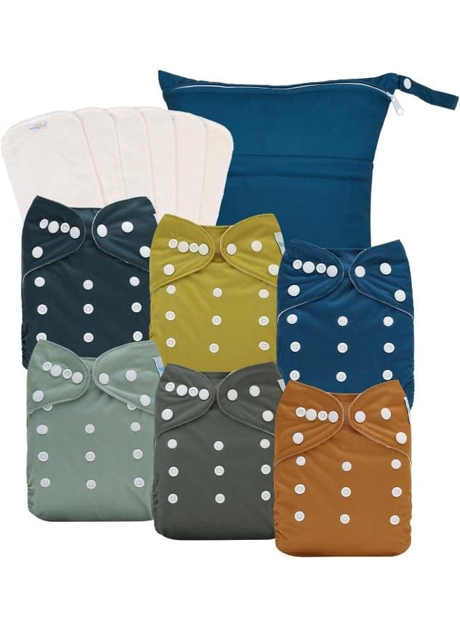 Babygoal Baby Reusable Neutral Cloth Diapers, One Size Adjustable Washable Pocket Nappy Covers 6 Pack+6pcs Bamboo Inserts+Wet Bag