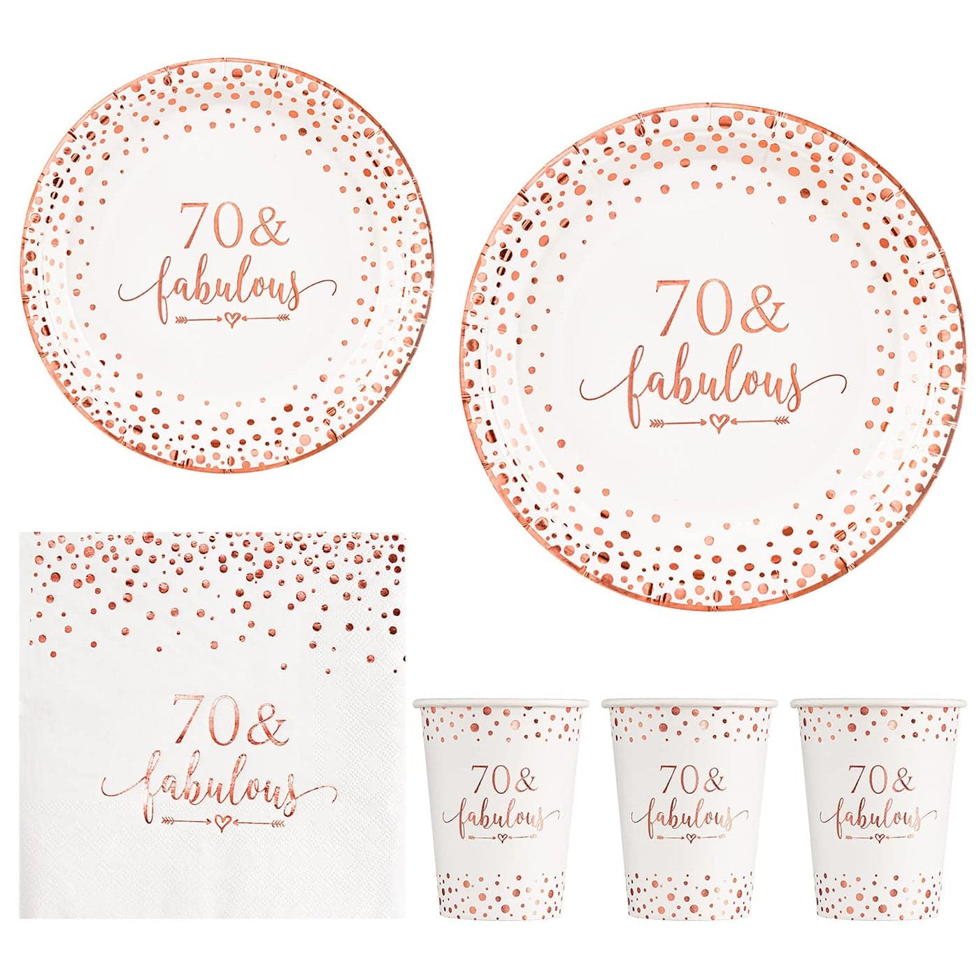 Crisky Rose Gold Foil 70 Fabulous Set for Womens 70th Birthday Party Decor Disposable Tableware Set of 24 9 Plates 7 Plates Luncheon Napkins 9oz Cups