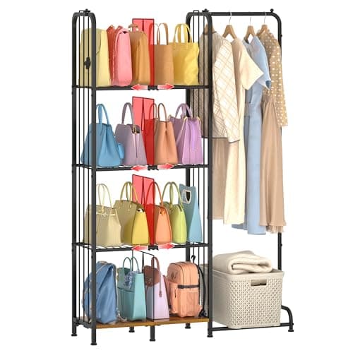 Honkazita 4-Tier Purse Organizer for Closet with Dividers & Adjustable Feet, Free-Standing High Capacity Purse Rack for Narrow Spaces, Iron & Wood Purse Storage for Handbags, Clothes, Accessories