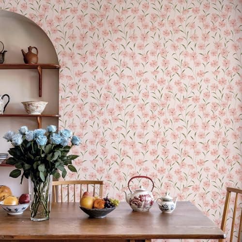 SimonSiff Pink Floral Peel and Stick Wallpaper 173x400 Vintage Green Leaves Wall Paper Self Adhesive Removable Botanical Waterproof Contact Paper for Bedroom Cabinet