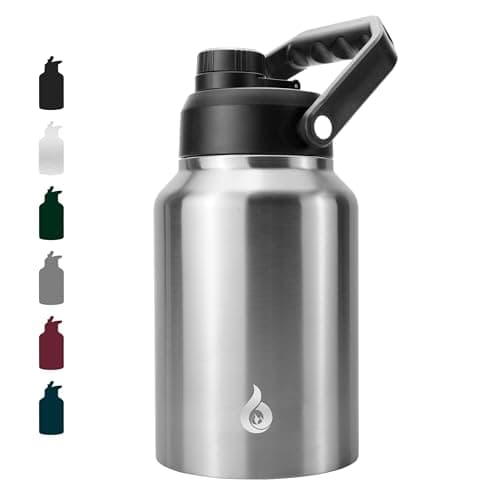 BJPKPK 64 oz Insulated Water Bottle Dishwasher Safe Half Gallon Water Bottle with Ergonomic Handle BPA Free Leak Proof Water Jug with Antislip Bottom Stainless Steel Primary Color