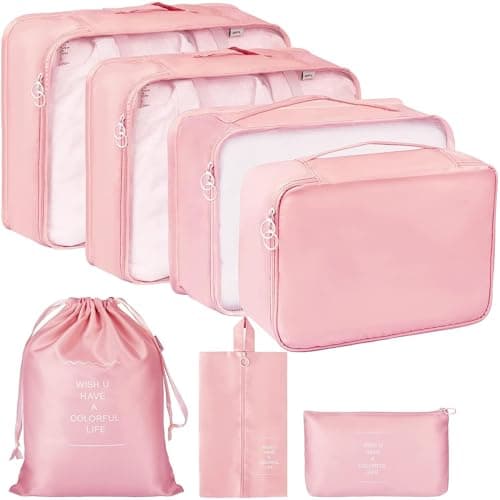 OxbOw Travel Organizer Pouch, Packing Cubes For Travel, Cloth Organizer For Travel, Suitcase Organizer For Travelling, Packing Bags For Travelling (Pink, 7 SET CHINA)