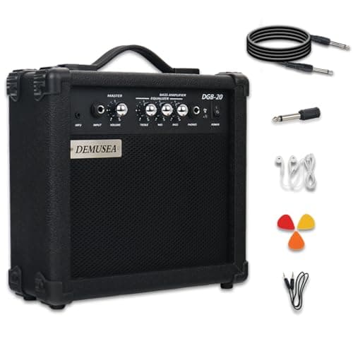 Demusea 20W Electric Bass Amplifier Black Bass Amp Portable Travel Beginner Practice Headphone Jack Aux Treble Middle Bass Mp3 with 3m Noiseless Cable Adapter Picks Aux Cable Earphone