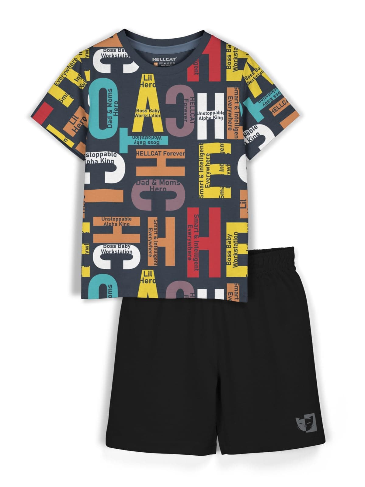 HELLCAT Boys Cotton Blend Printed Dress Clothing Set Combo with Tshirts & Shorts - Pack 1 Black2 3-4 Years