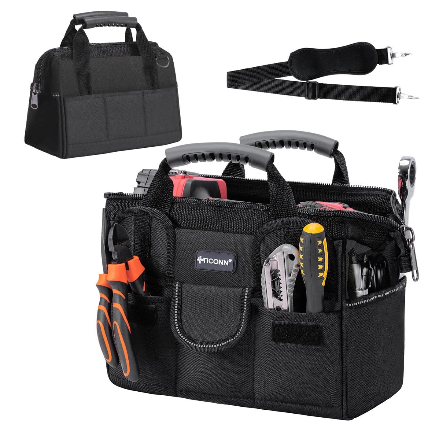 TICONN Heavy Duty Tool Bag with MultiPockets Portable Tool Box Organizer Storage Bag with Adjustable Shoulder Strap and Ergonomic Handle Black 12 Standard Base