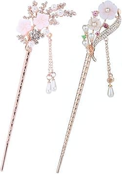 Lurrose 2pcs Hair Sticks with Tassel Vintage Pearl Flower Hairpin Chinese Hair Chopsticks with Long Tassel Chignon Chopsticks for Women Girls