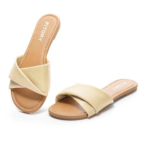 FITORY Women's Flat Sandals Fashion Slides With Soft Leather Slippers for Summer Size 8