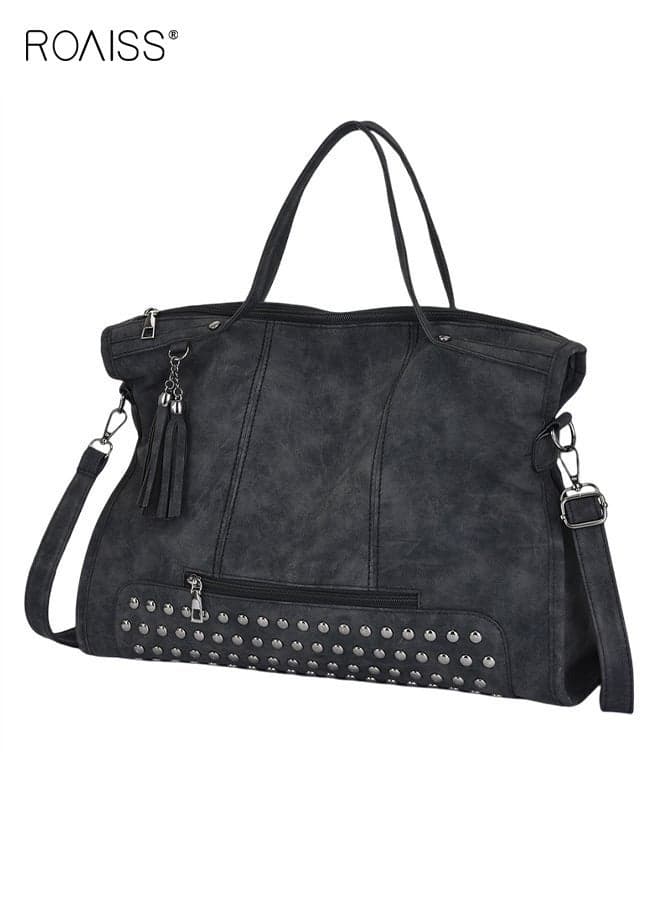 Women's Punk Motorcycle Style Rivet Studded Matte Retro Tote Bag PU Leather Ladies Top Handle Satchel Large Portable Shoulder Bag