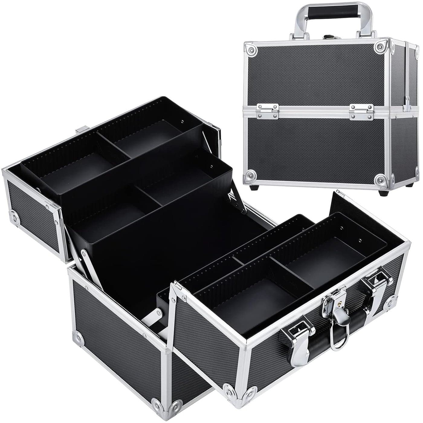 Frenessa Makeup Train Case Cosmetic Organizer Case Professional Makeup Storage Box 4 Trays with Divider Lockable Travel Case Portable Travel Makeup Box for Makeup Artist, Carfter, Cosmetics Black
