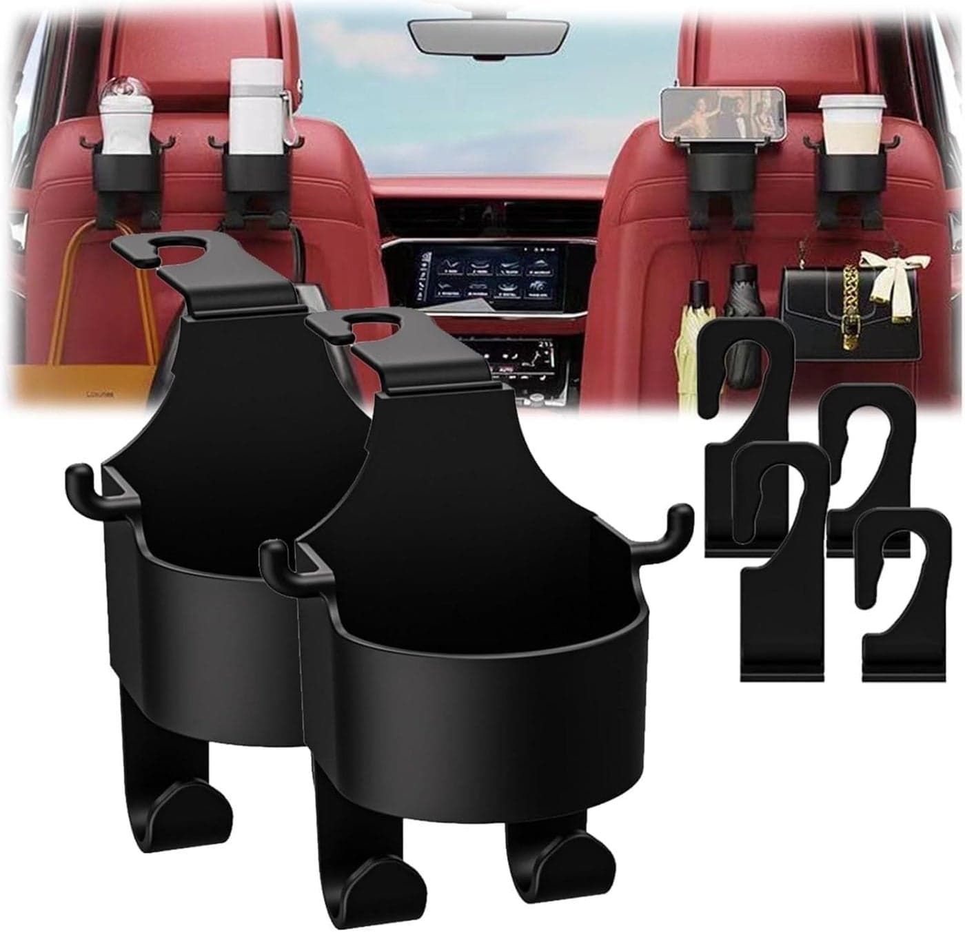 AUGEN 3 in 1 Multi-Functional Hook for Car Seat, Car Headrest Hidden Cup Hook Holder, Storage Organizer Hanger, Headrest Hooks, Drink Cup Holder with Hook, Car Travel Accessories (Pack of 2)