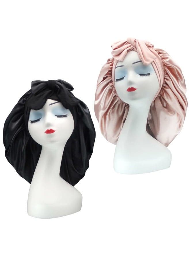 2 Pack Silk Satin Hair Bonnet with Stretch Tie Band for Curly Hair Sleeping Adult Women Girls (Black+Coral Red)