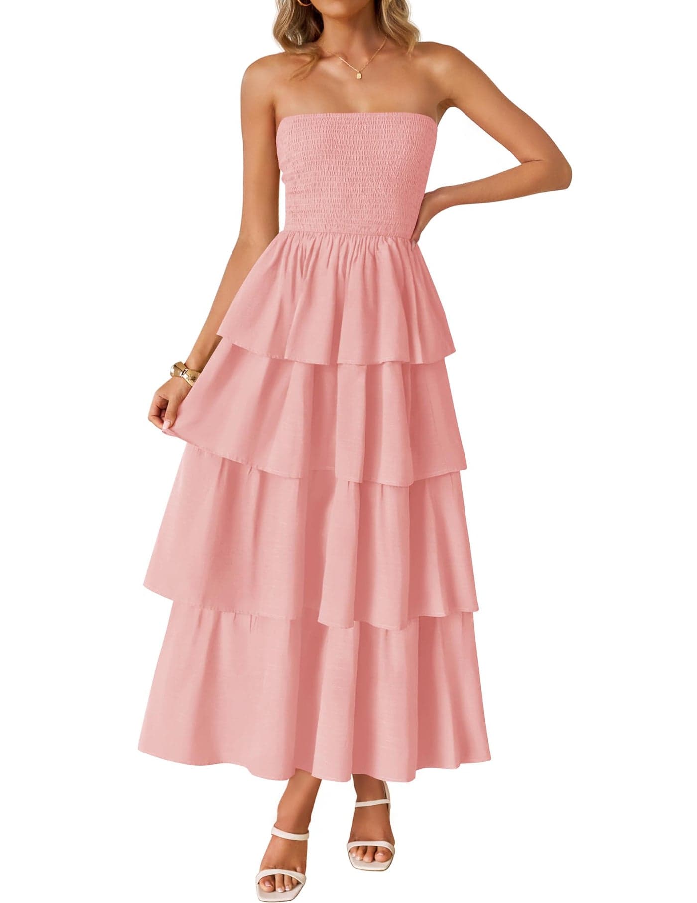 ZESICA Women‘s Summer Boho Strapless Maxi Dress 2025 Casual Sleeveless Off Shoulder Smocked Tiered Beach Long Sundress,Pink,M