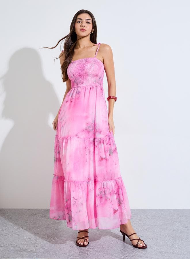 Pink Tie Dye Print Strappy Tiered Maxi Dress