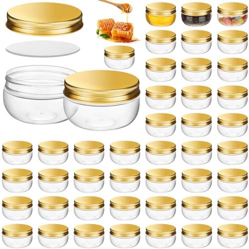 Suclain 50 Pcs 3 oz Mini Wide Mouth Plastic Mason Jars with Aluminum Lids Clear Small Canning Jars for Jelly Jams Spice Wedding Favors Shower Favors for Kitchen Storage