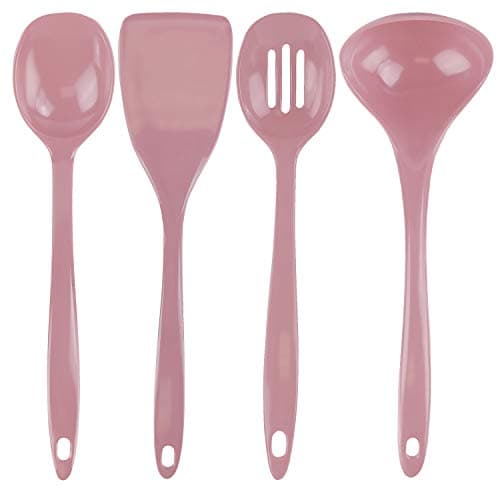 Reston Lloyd 100% Melamine Kitchen Utensil Set, Non Scratching Ladle, Spoon, Slotted Spoon & Spatula, Easy To Hold, Set of 4, Pink