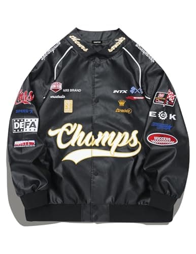 Vamtac Faux Leather Motocross Jackets Oversized Vintage Racing Varsity Bomber Coat Men Trendy Streetwear Black XLarge