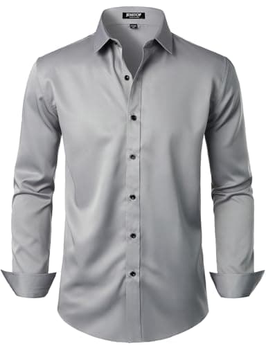 JEMITOP Men's Stretch Wrinkle Free Dress Shirts Formal Wedding Prom Long Sleeve Button Down Shirt Grey L