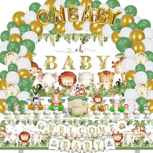 Safari Jungle Baby Shower Decorations Jungle Animal Party Supplies Decor for Boy Girl Showers Birthdays with Banners Cake Topper Cupcake Topper Balloons Sash Corsage