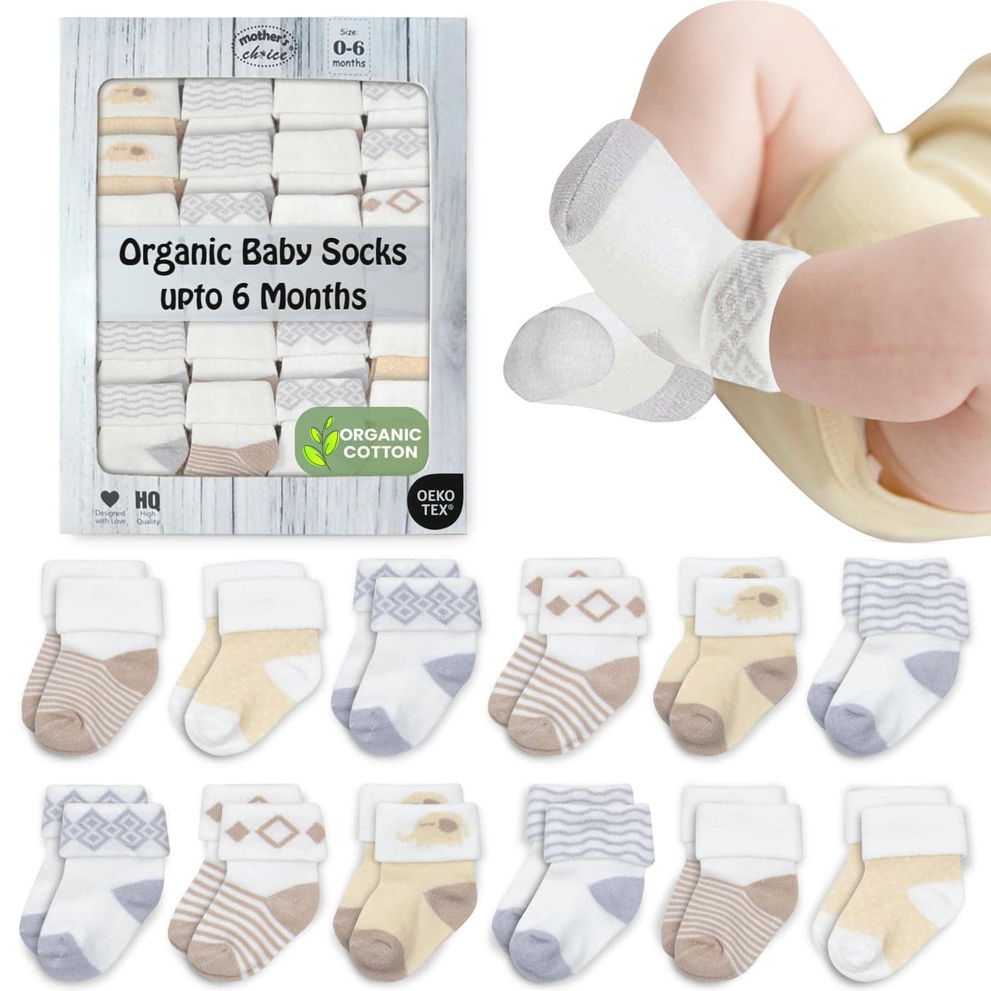 Mothers Choice Organic Cotton Baby Socks 12 Pairs Unisex 06 Months Soft Hypoallergenic Newborn Infant Socks Baby Girl Boy Gifts 12Pcs Brown